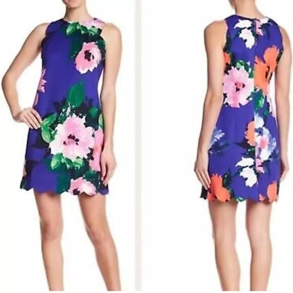 Vince Camuto Blue Scalloped Hem Floral Mini Dress Size 4 - Picture 1 of 2